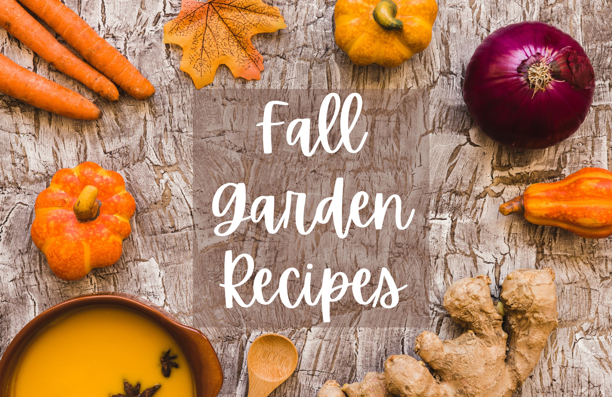 Fall vegetables, soup, a cooking spoon, and a leaf surround the text Fall Garden Recipes
