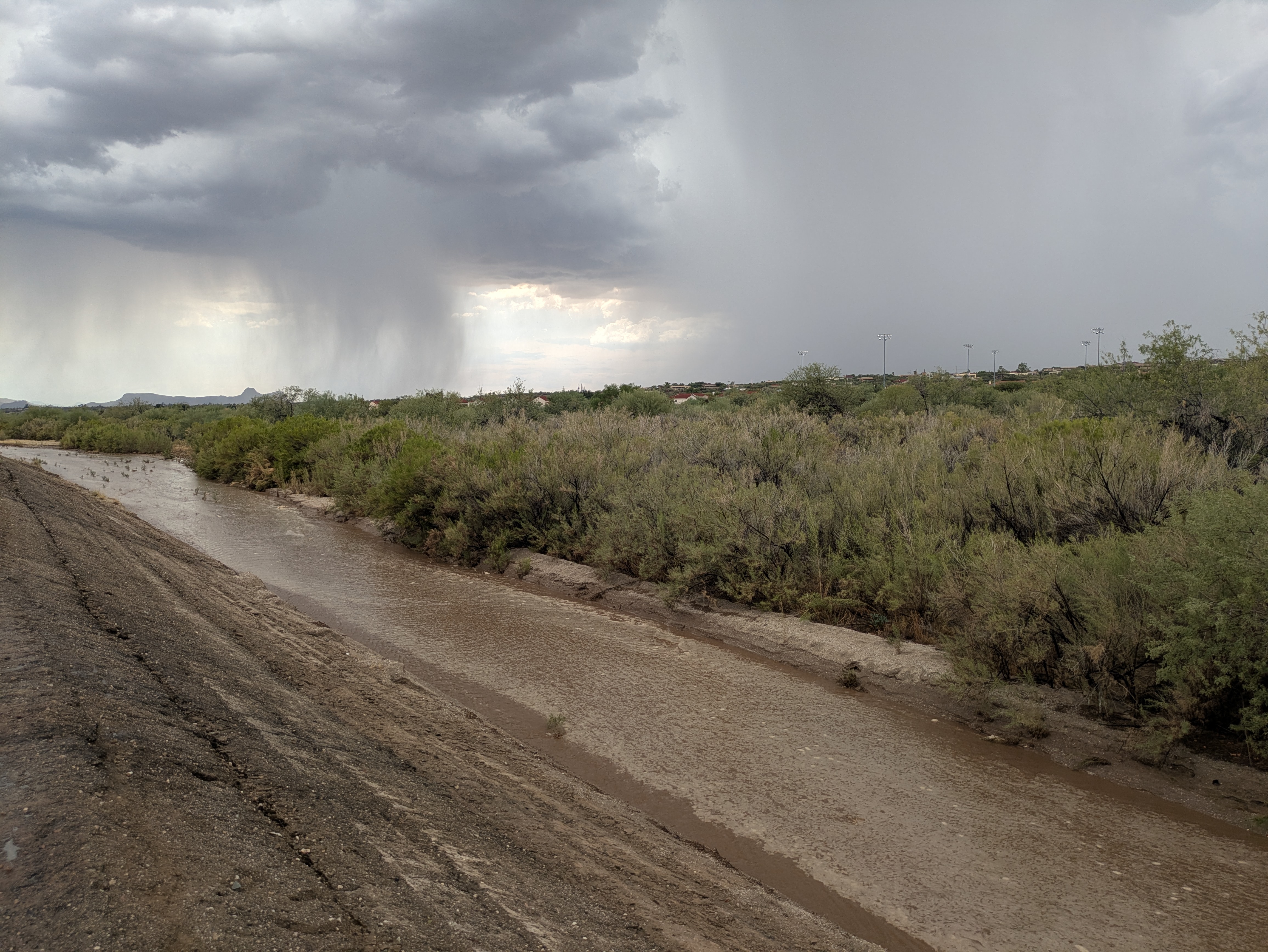 Arizona monsoon storm falling in a large desert wash