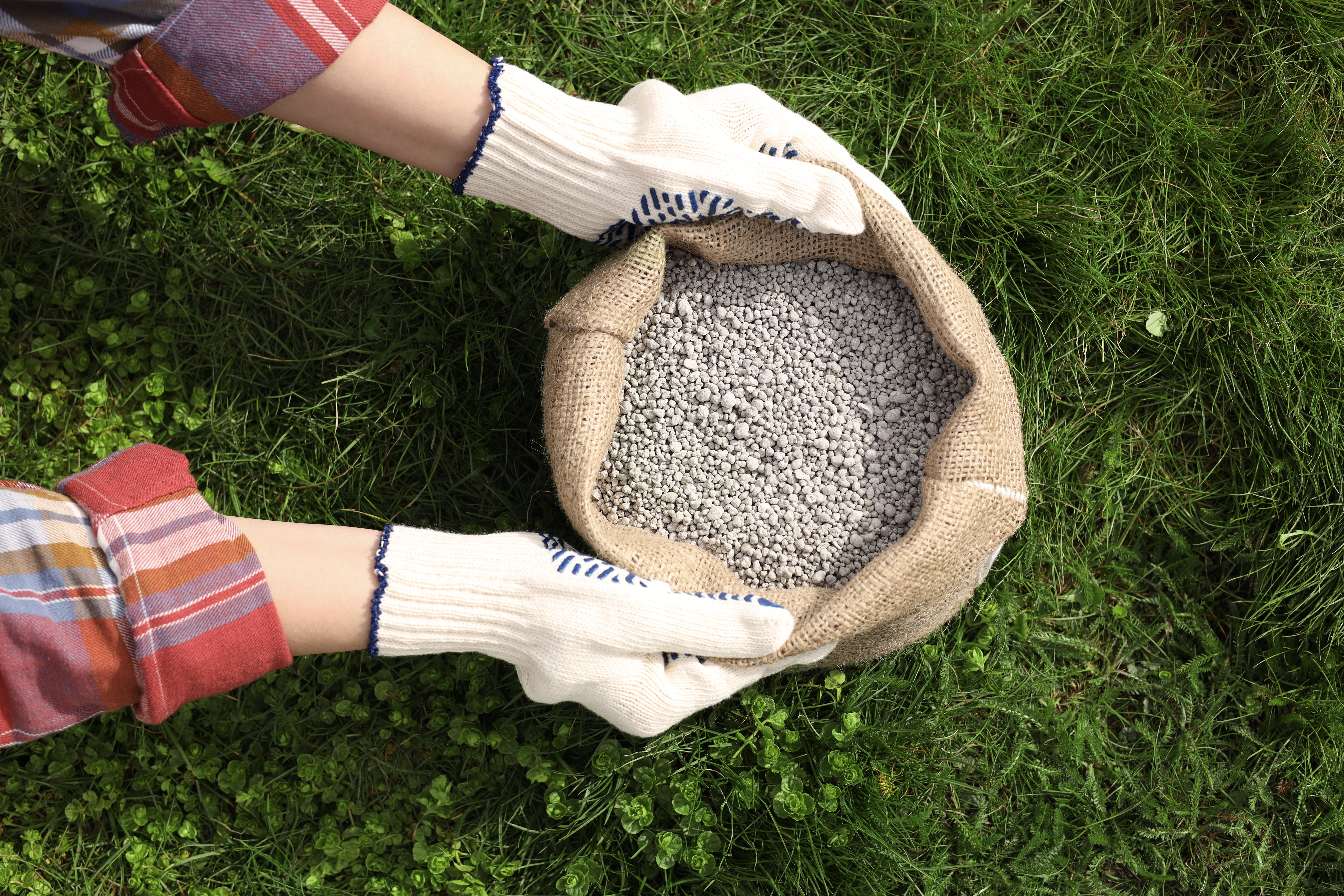Gardener holding a bag of fertilizer