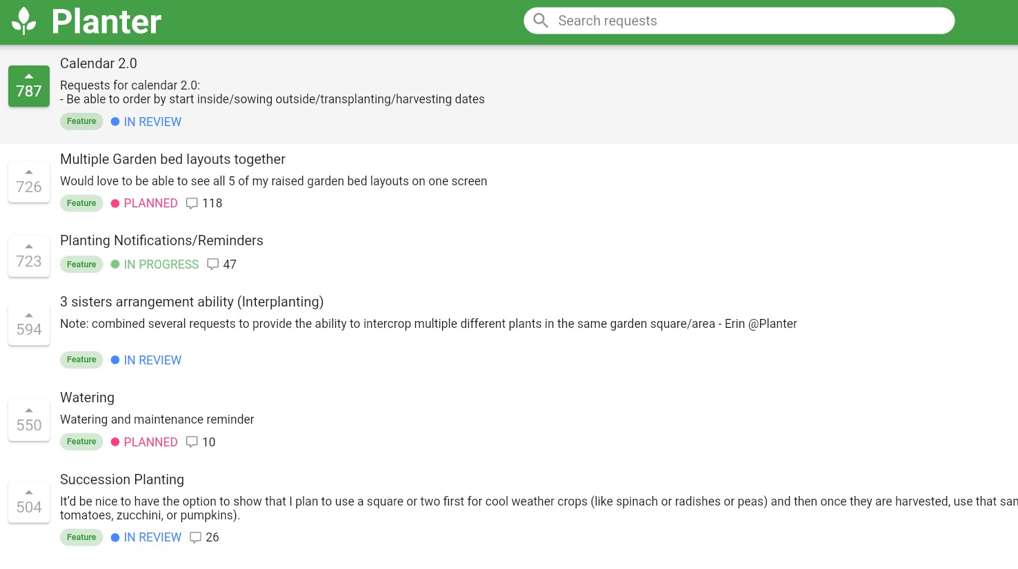 A screenshot of the Planter Feature Request List webpage