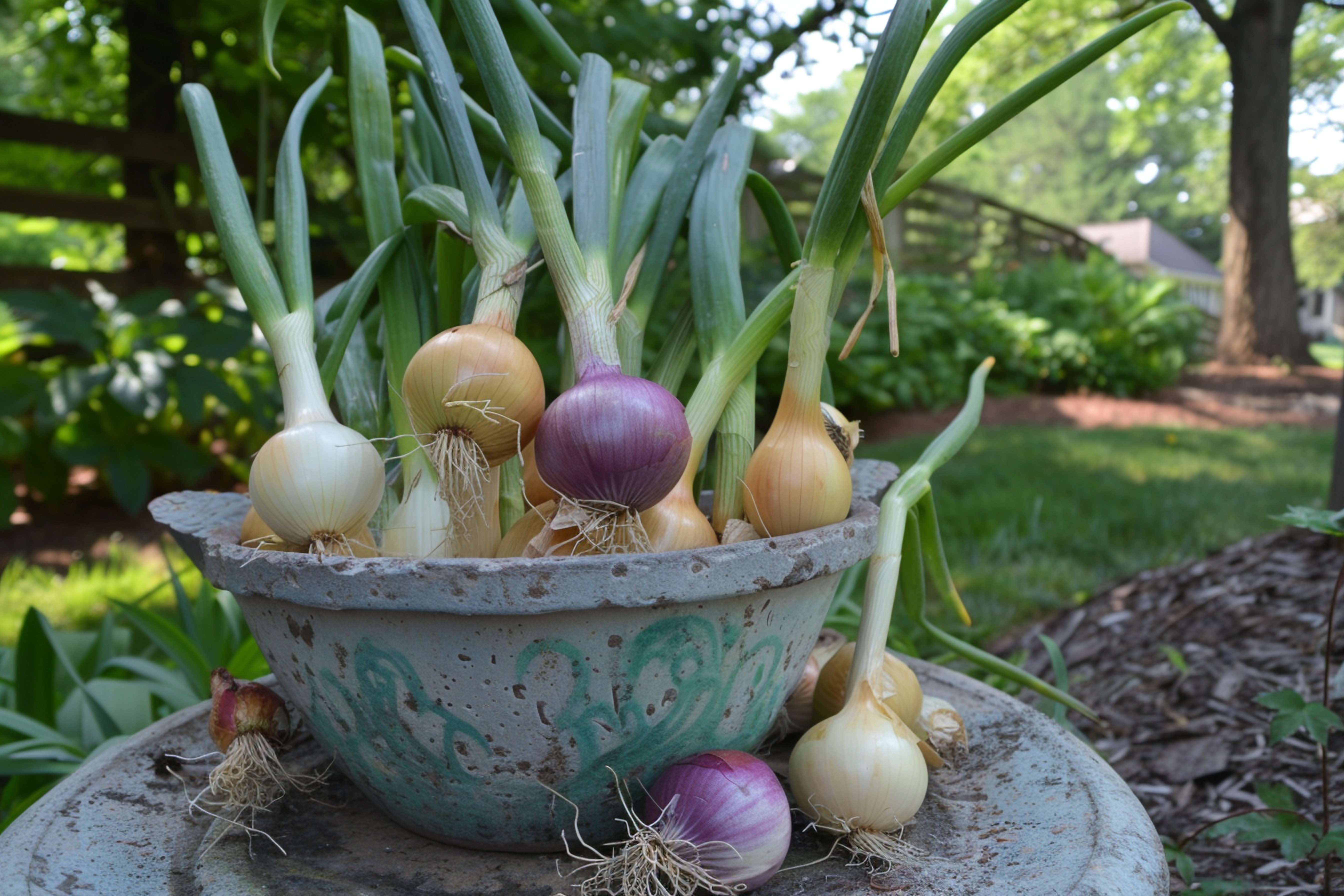 Bowl with red, white and yellow onions 