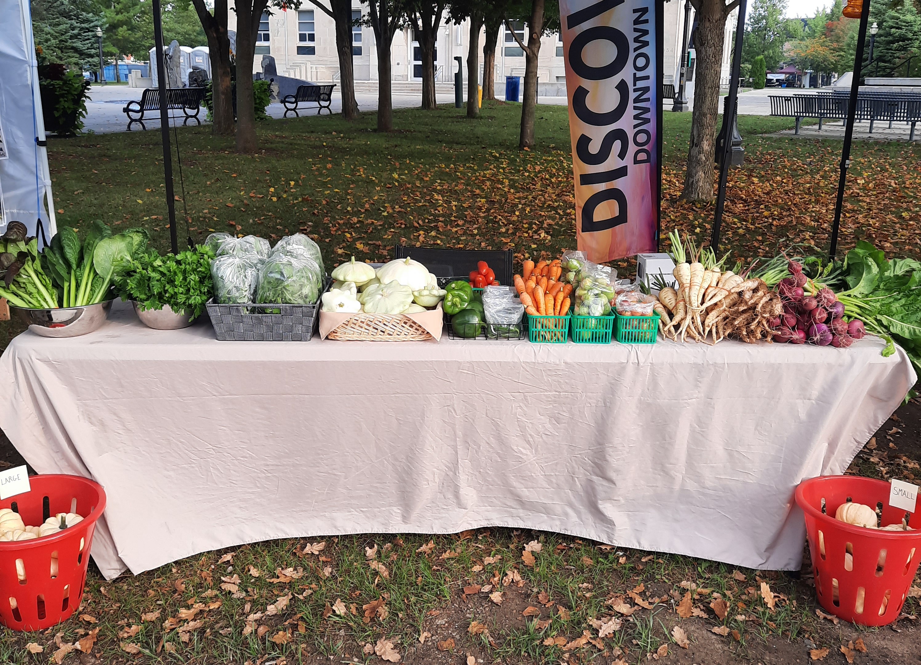 A table at a farmers' market with various produce. Fall leaves are on the ground in the foreground.