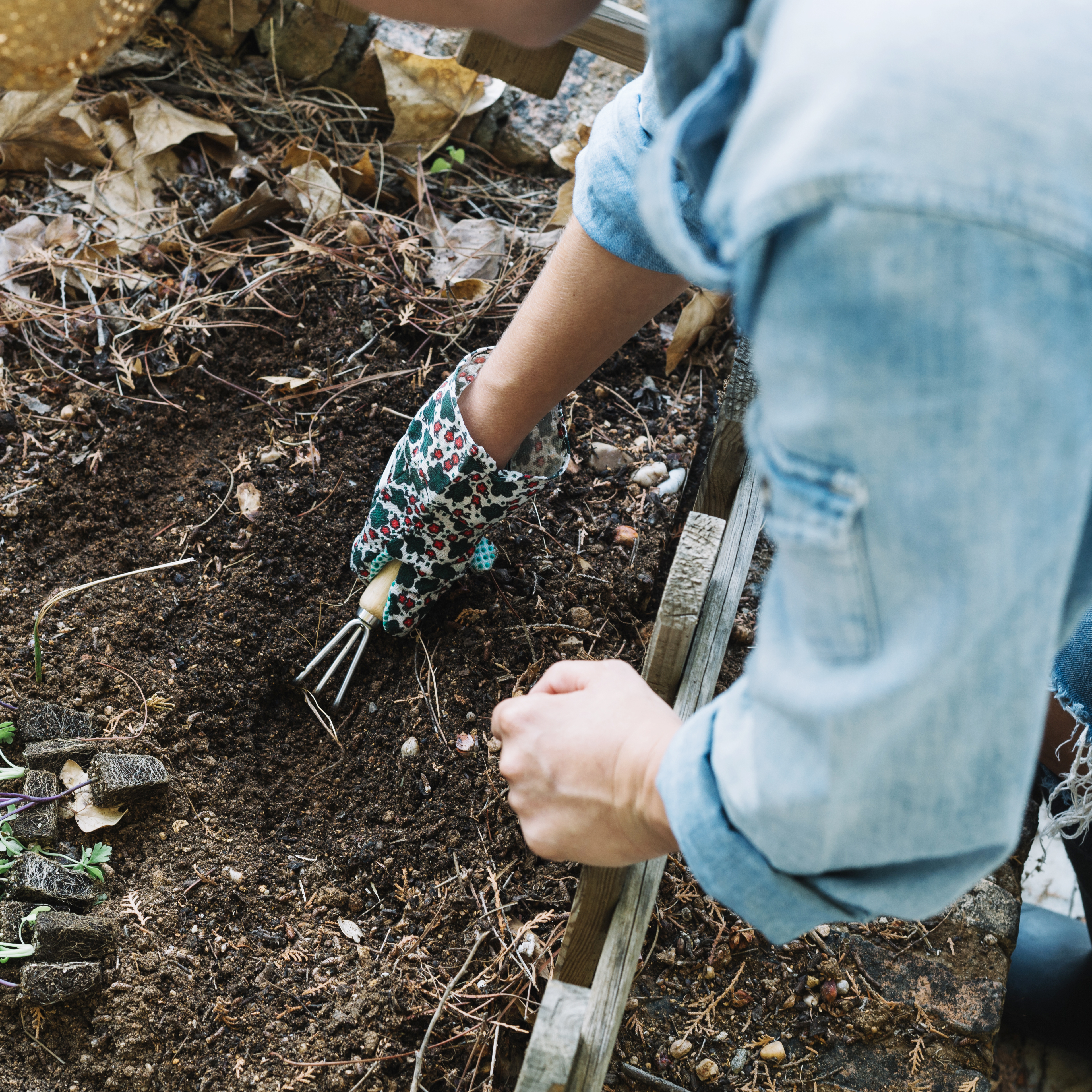 Woman digging in the garden in rich, earthy soil, with a hand garden tool.