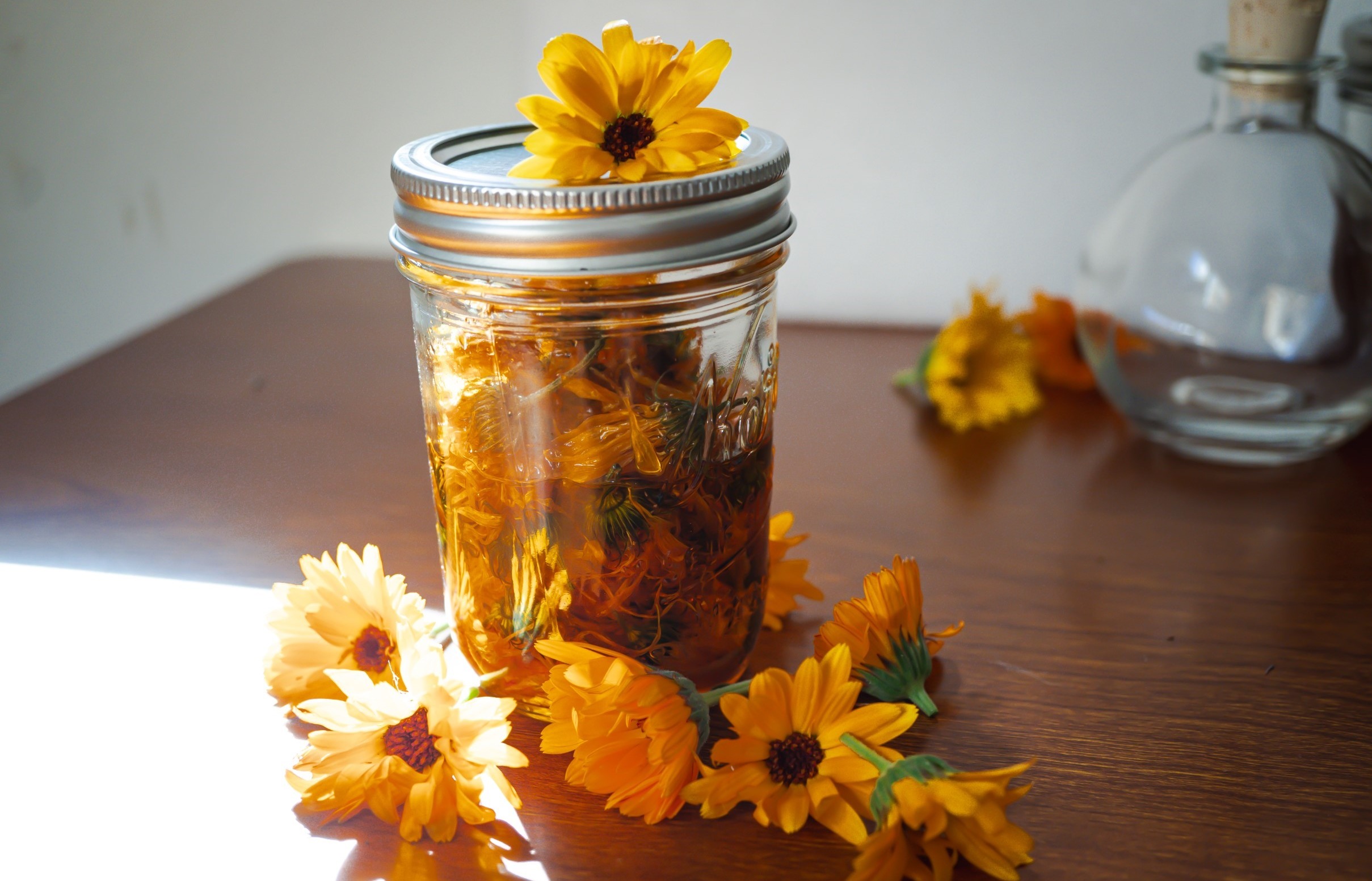 Yellow flowers surrounding a jar of flower-infused oil