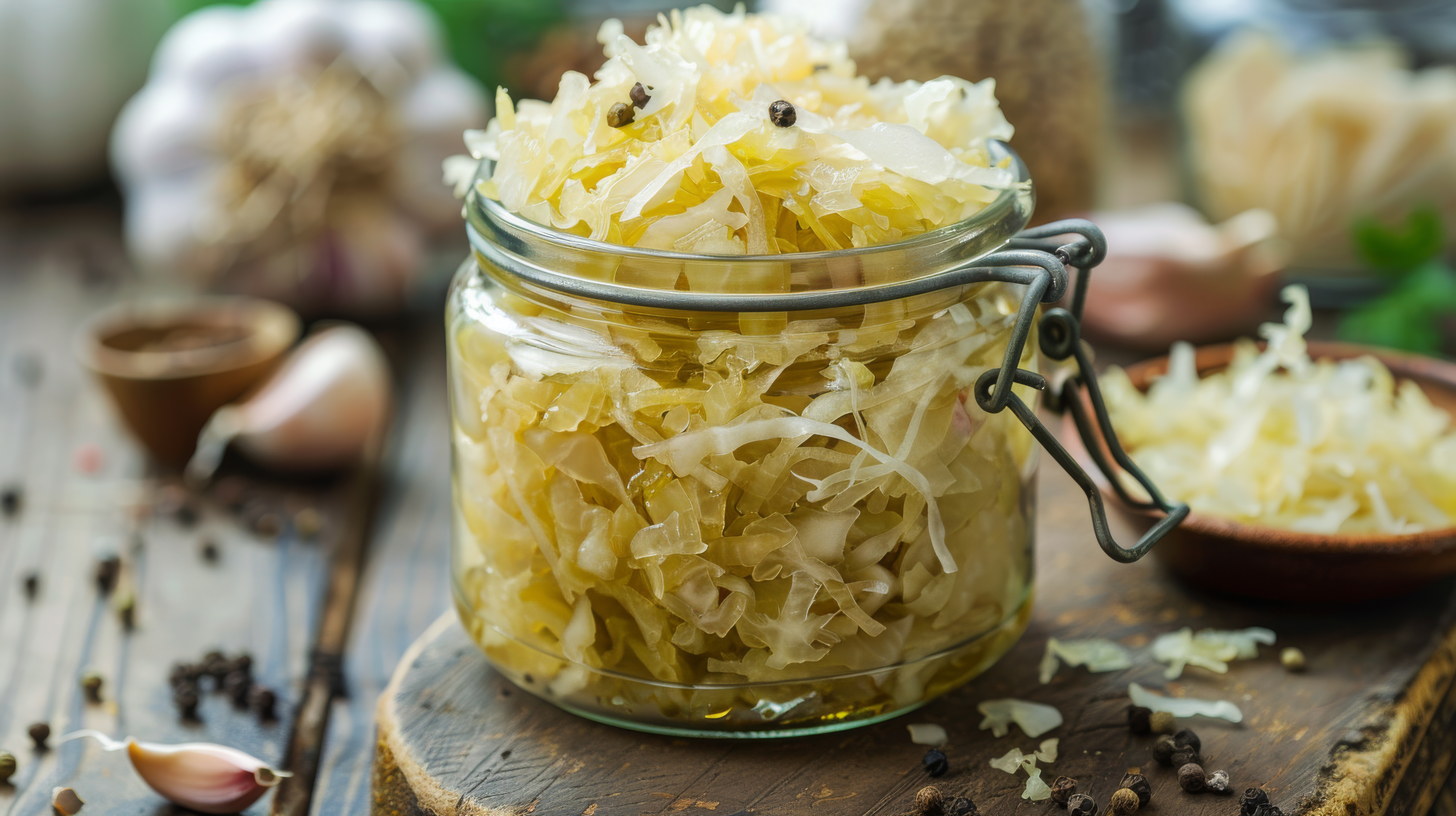 A jar of overflowing sauerkraut. In the background lies a garlic-head. 