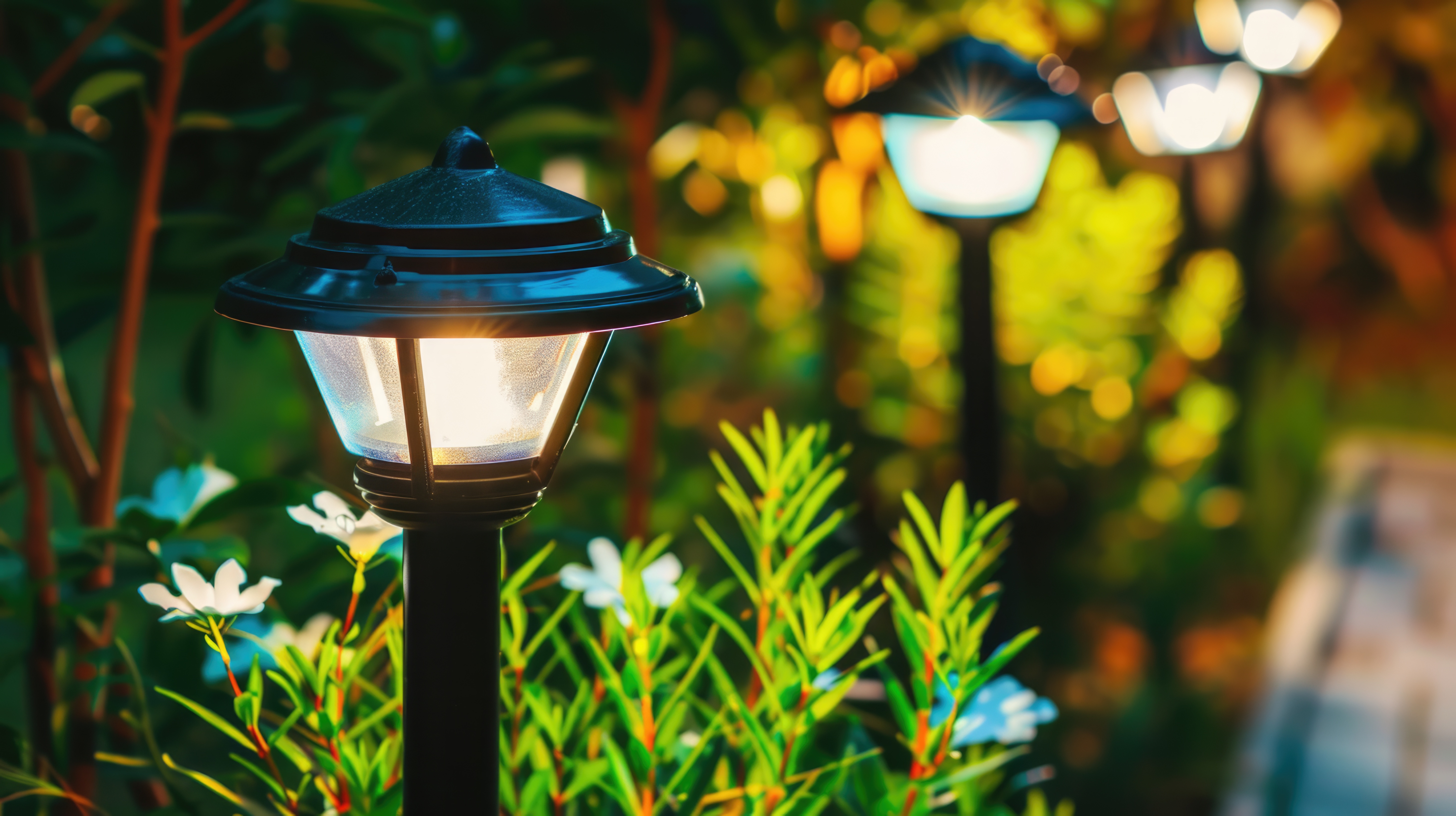 Garden path lights at night with white flowers and some shrubs.