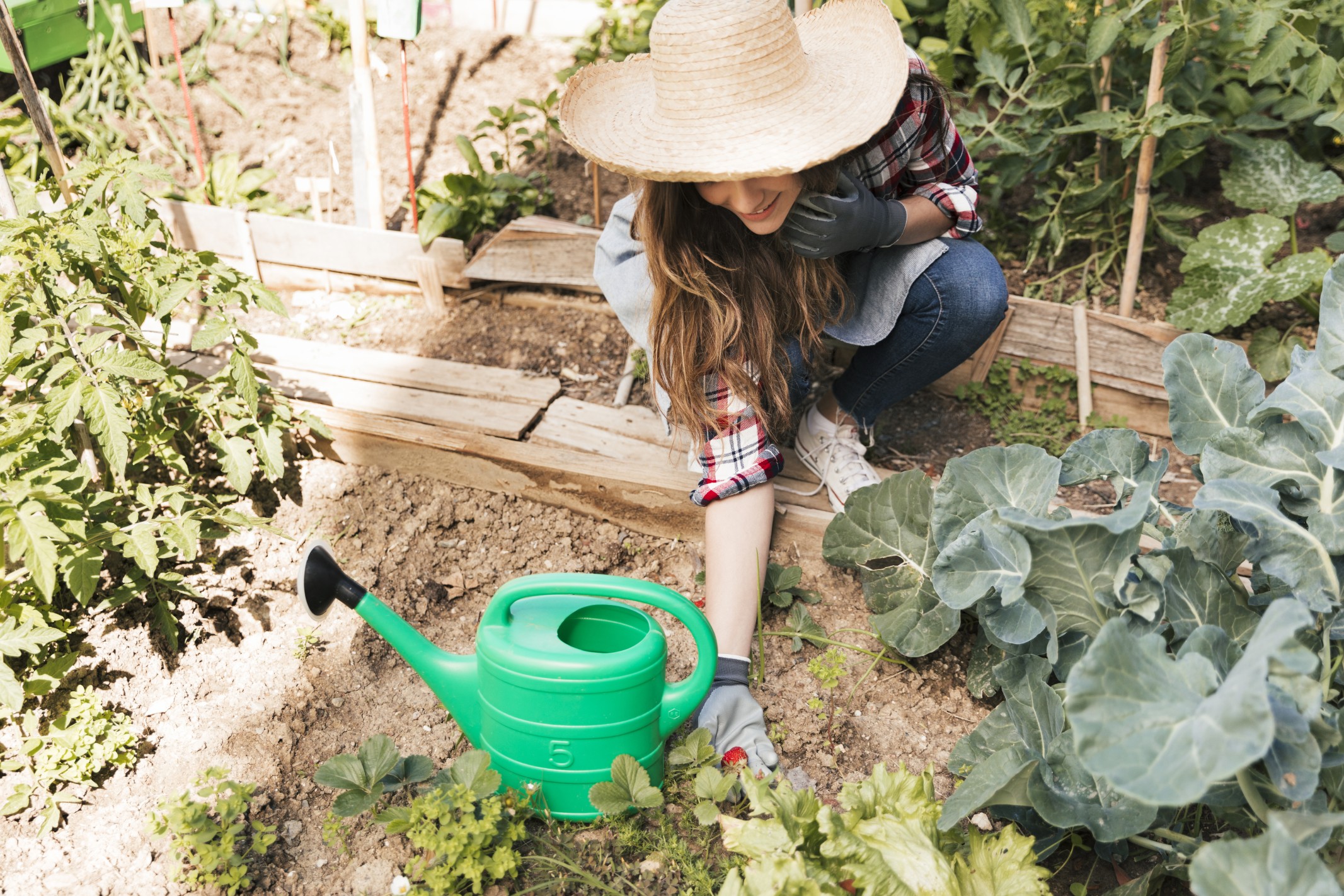 Woman holding a plant grown in a sunken garden bed